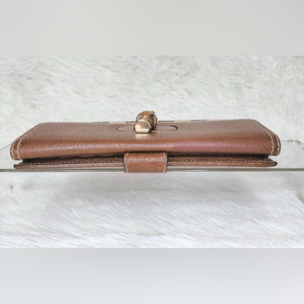 GUCCI Leather Long Continental Wallet, GG Canvas Bambo Interlocking Turnlock EUC - Picture 10 of 15
